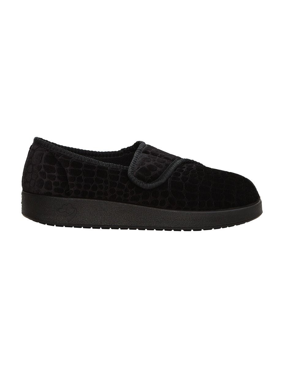 Side of the wide black indoor slippers, they open up completely with large Velcro closures