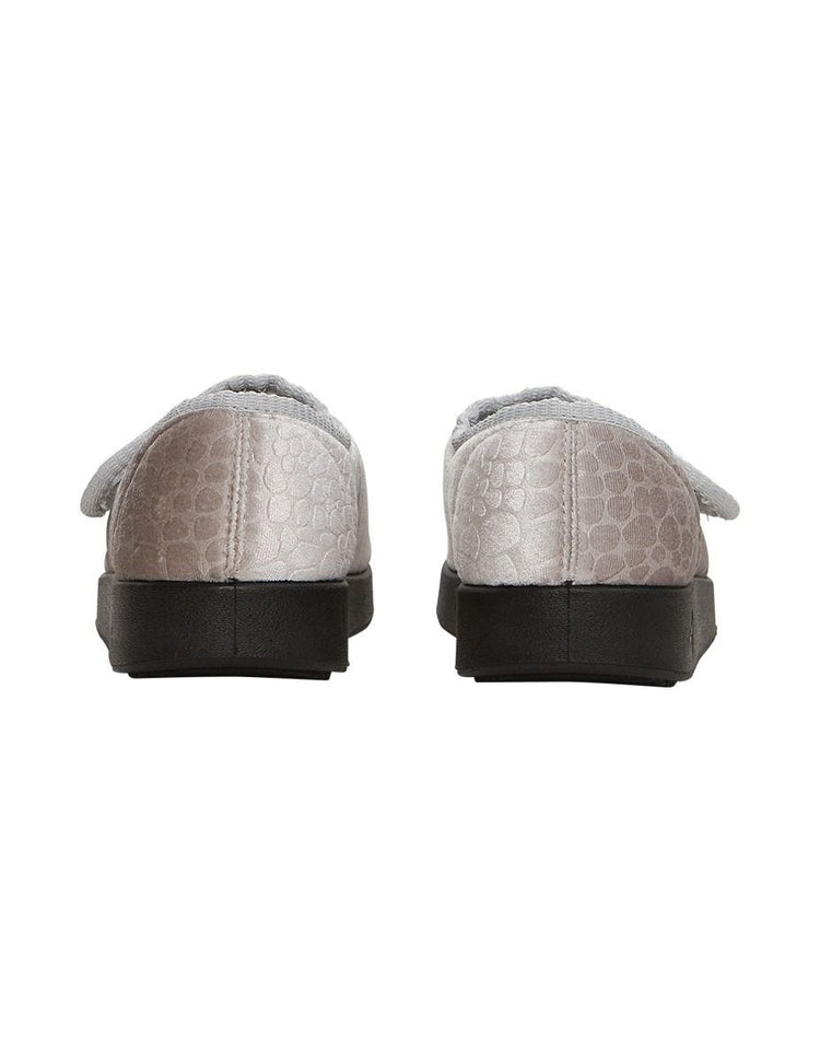 Back of the comfortable extra wide grey indoor slippers with non-slip black soles