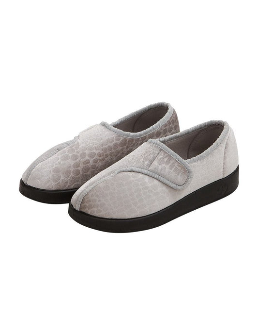 Women’s grey wide non slip slippers with large velcro closure for an adjustable fit.