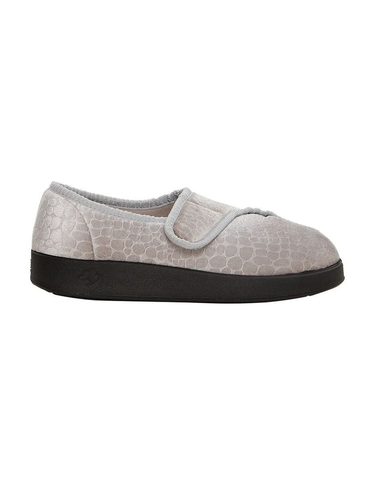 Side of the wide grey indoor slippers, they open up completely with large Velcro closures