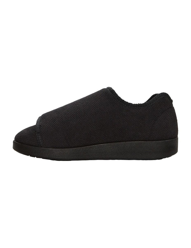 Women’s black wide non slip slippers with large velcro closure for an adjustable fit.