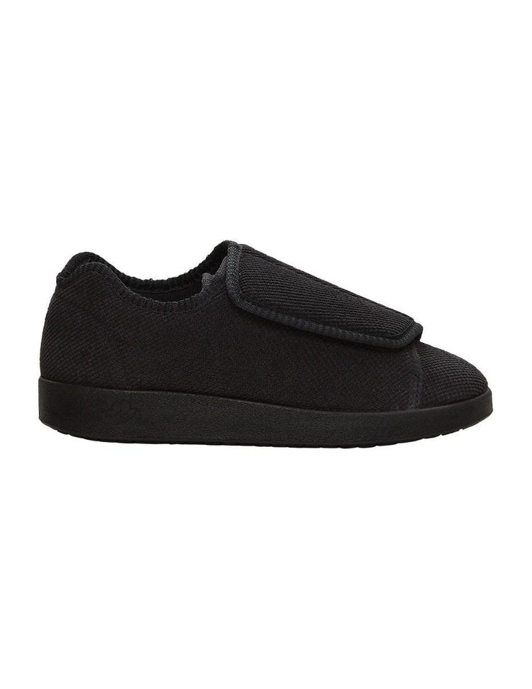 Women’s black wide non slip slippers with large velcro closure for an adjustable fit.