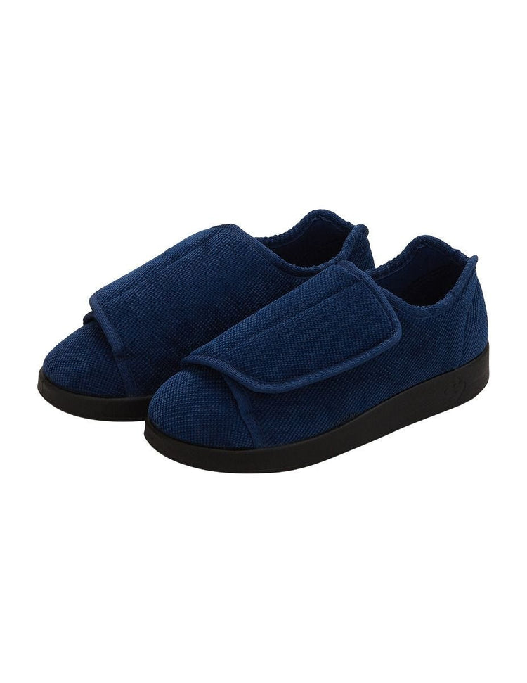 Women’s navy blue wide non slip slippers with large velcro closure for an adjustable fit.