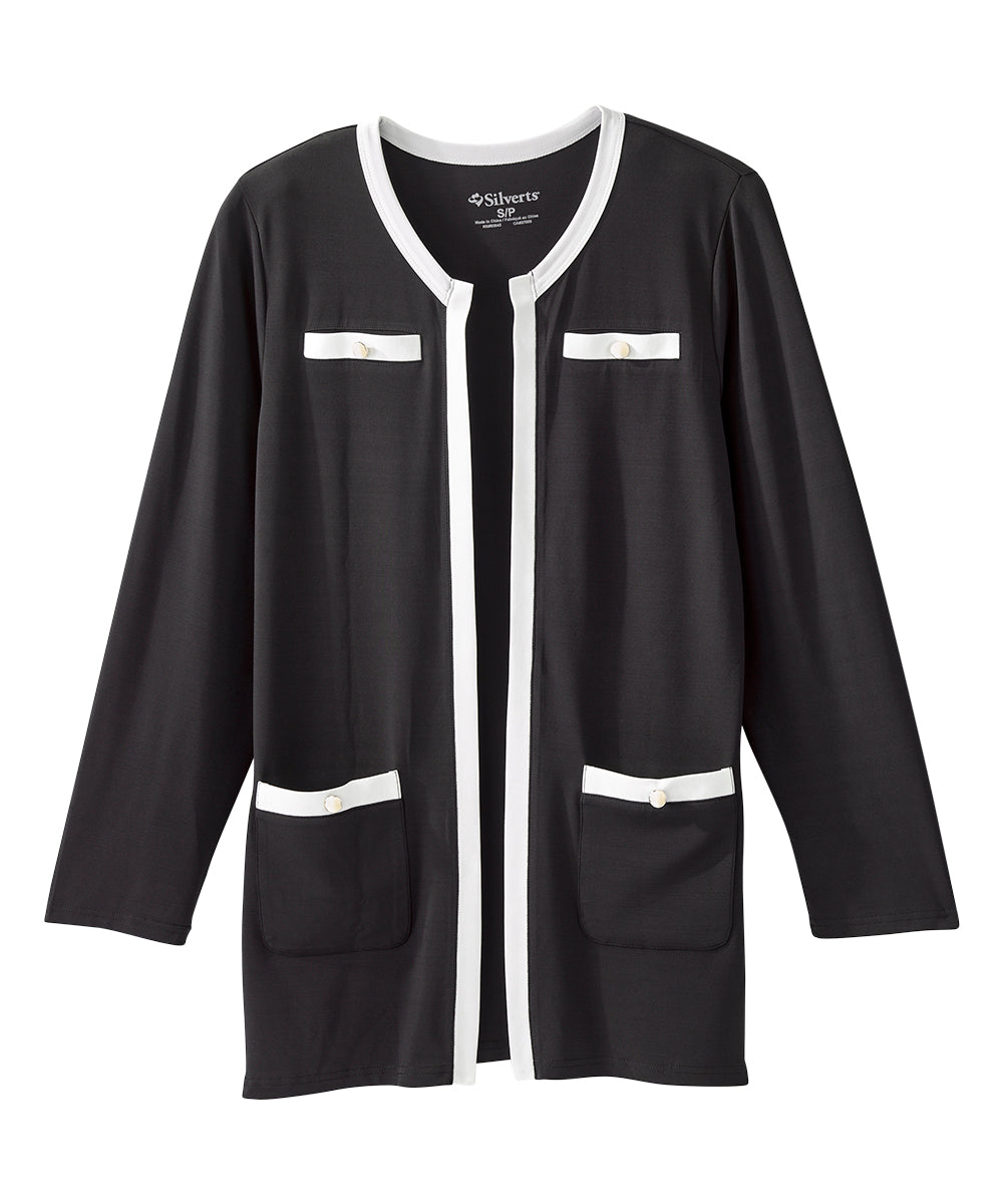 Black and white knit cardigan with four pockets at front