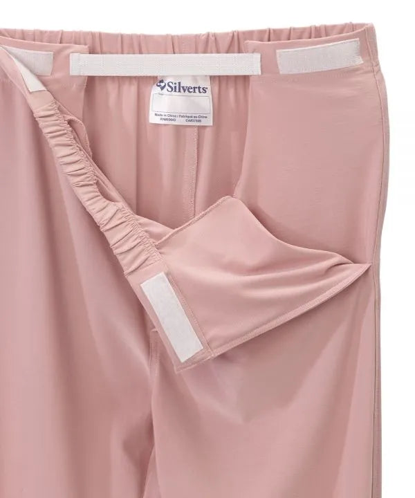 Women’s Dusty Pink pants with side closure, adjustable straps, and loop fasteners on waistband. open view