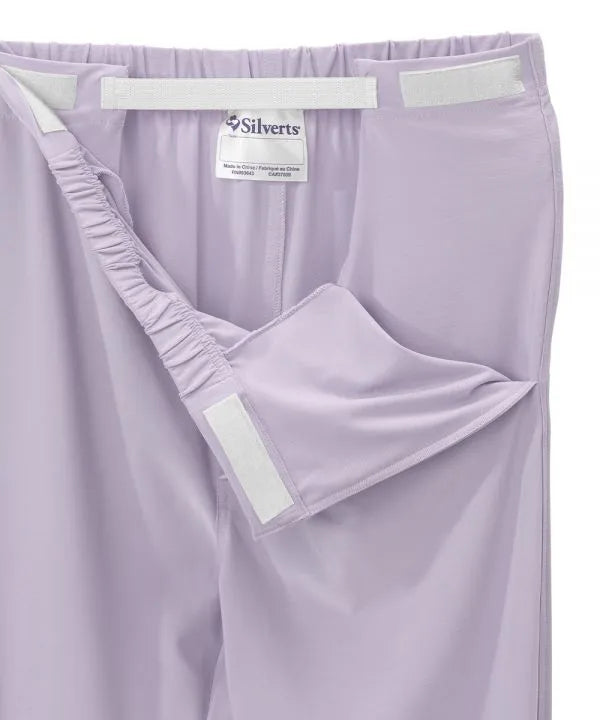 Women’s Lilac pants with side closure, adjustable straps, and loop fasteners on waistband. open view