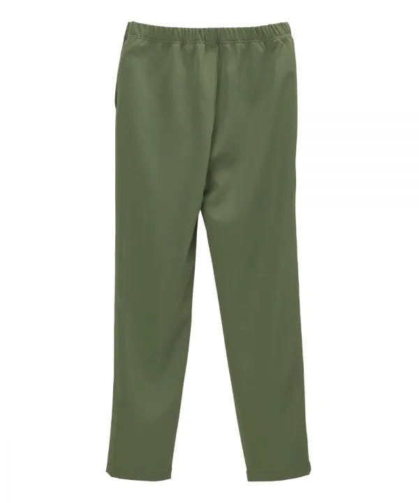 Women’s olive pants with side closure, adjustable straps, and loop fasteners on waistband. back view