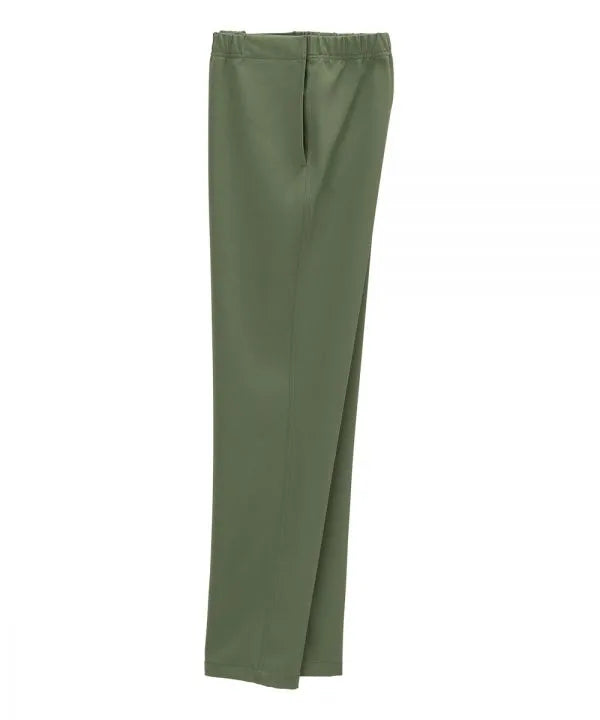 Women’s olive pants with side closure, adjustable straps, and loop fasteners on waistband. side view