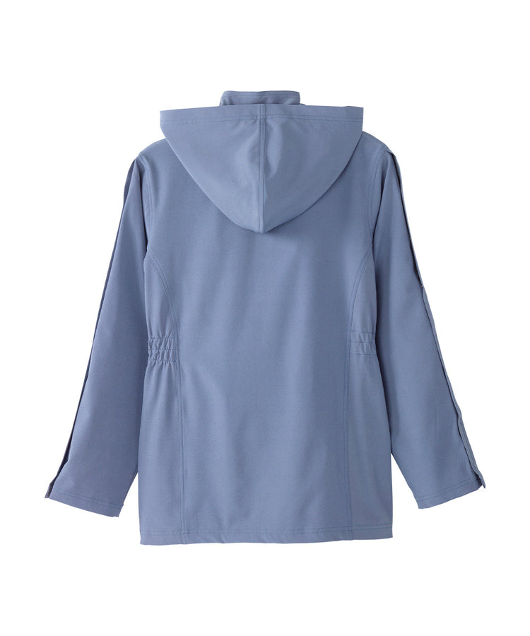Women’s light blue rain jacket with magnetic zipper, snaps along the sleeves, and removable hood.
