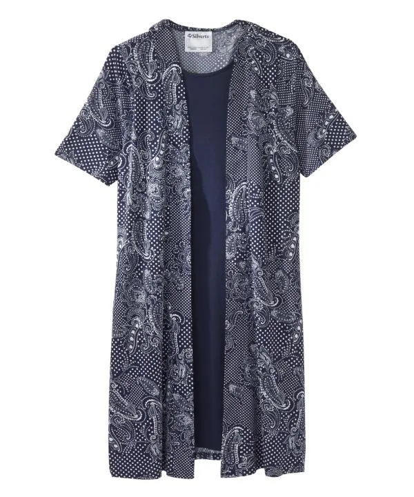 Front of the abstract indigo Women's Knit Twofer Open Back Dress