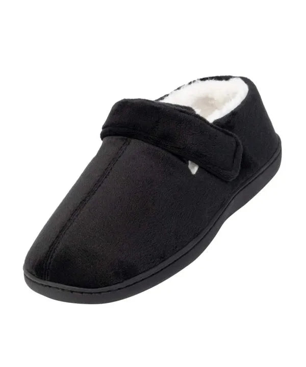 Front of the black Men's Extra Wide Comfort Slippers
