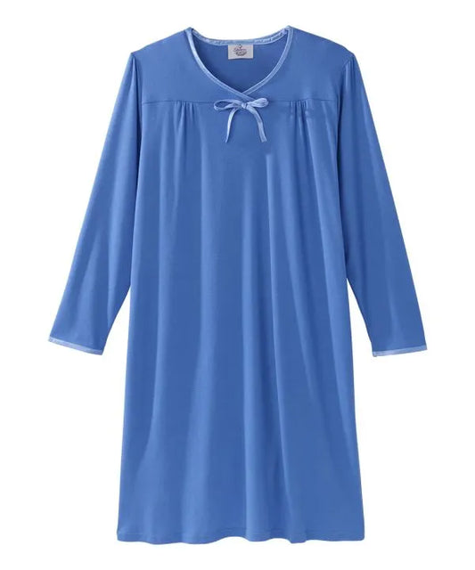 Front of the blue Women's Antimicrobial Open Back Nightgown