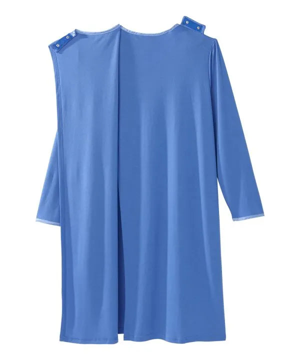 Snap Closure of the blue Women's Antimicrobial Open Back Nightgown
