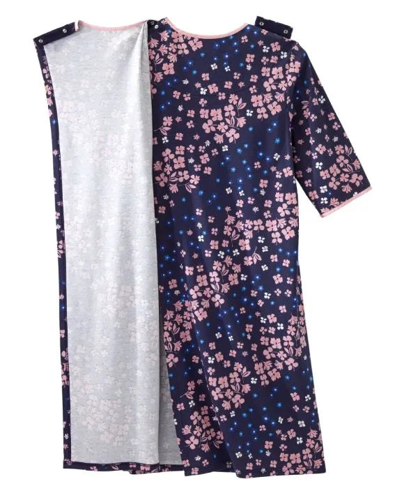 Shoulder Snap Closure of the diagonal floral Women's Knit Open Back Nightgown