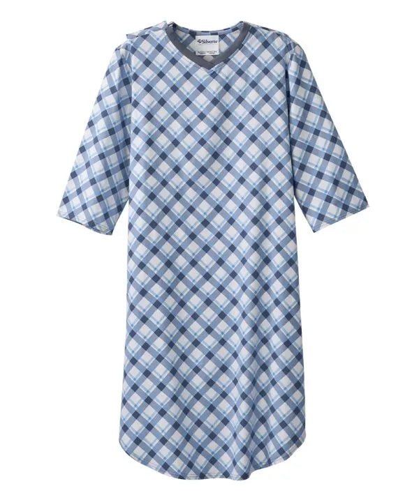 Front of the diagonal plaid Men's Flannel Open Back Nightgown