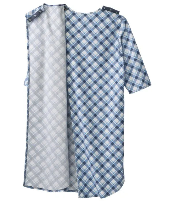 Overlap closure of the diagonal plaid Men's Flannel Open Back Nightgown