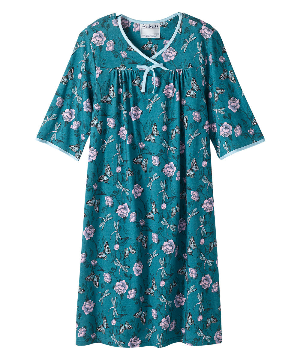 Front of the Dragonfly Floral Women's Knit Open Back Nightgown