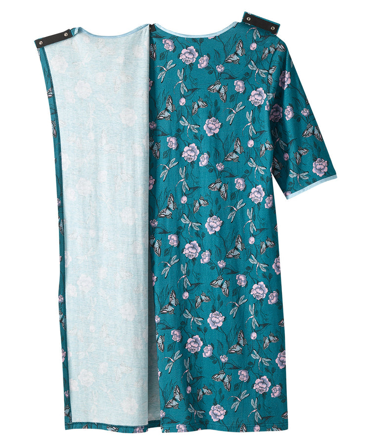 Shoulder Snap Closure of the Dragonfly Floral Front of the Dragonfly Floral Women's Knit Open Back Nightgown