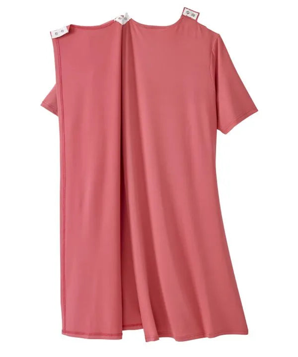 Snap closure of the pink Women's Knit Twofer Open Back Dress