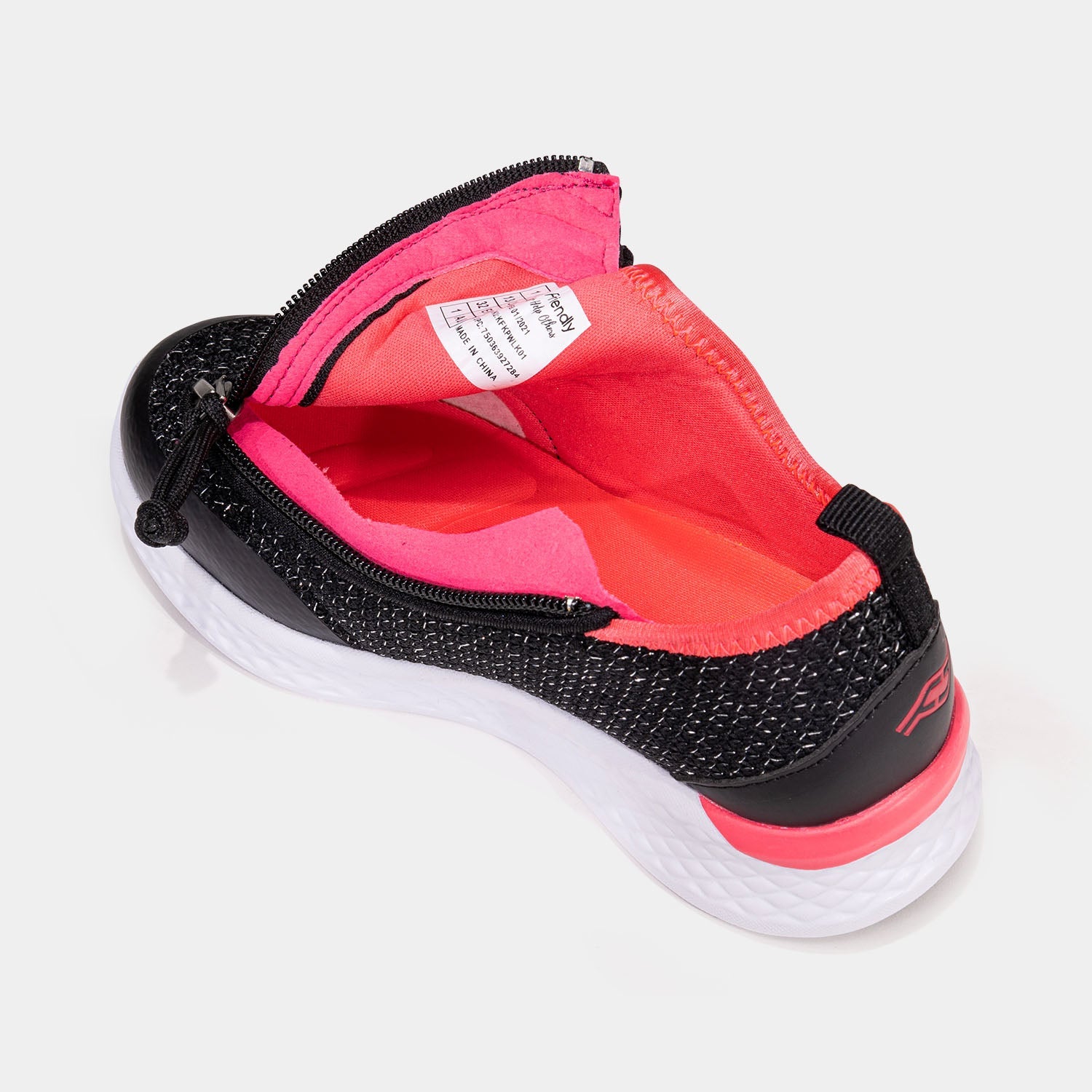 Black kids shoe unzipped with side zipper access and hot pink interior padding.