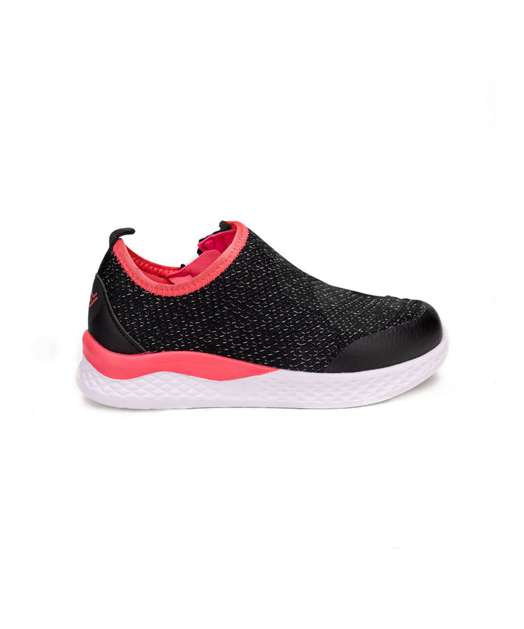 Black kids shoe with white bottom and hot pink accents and side zipper access.