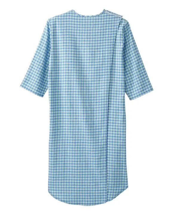 Green plaid Men's Flannel Open Back Nightgown closed
