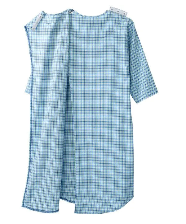 Overlap closure of the green plaid Men's Flannel Open Back Nightgown
