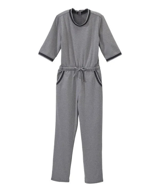 Front of the heather gray Women's Full Back Zipper Jumpsuit