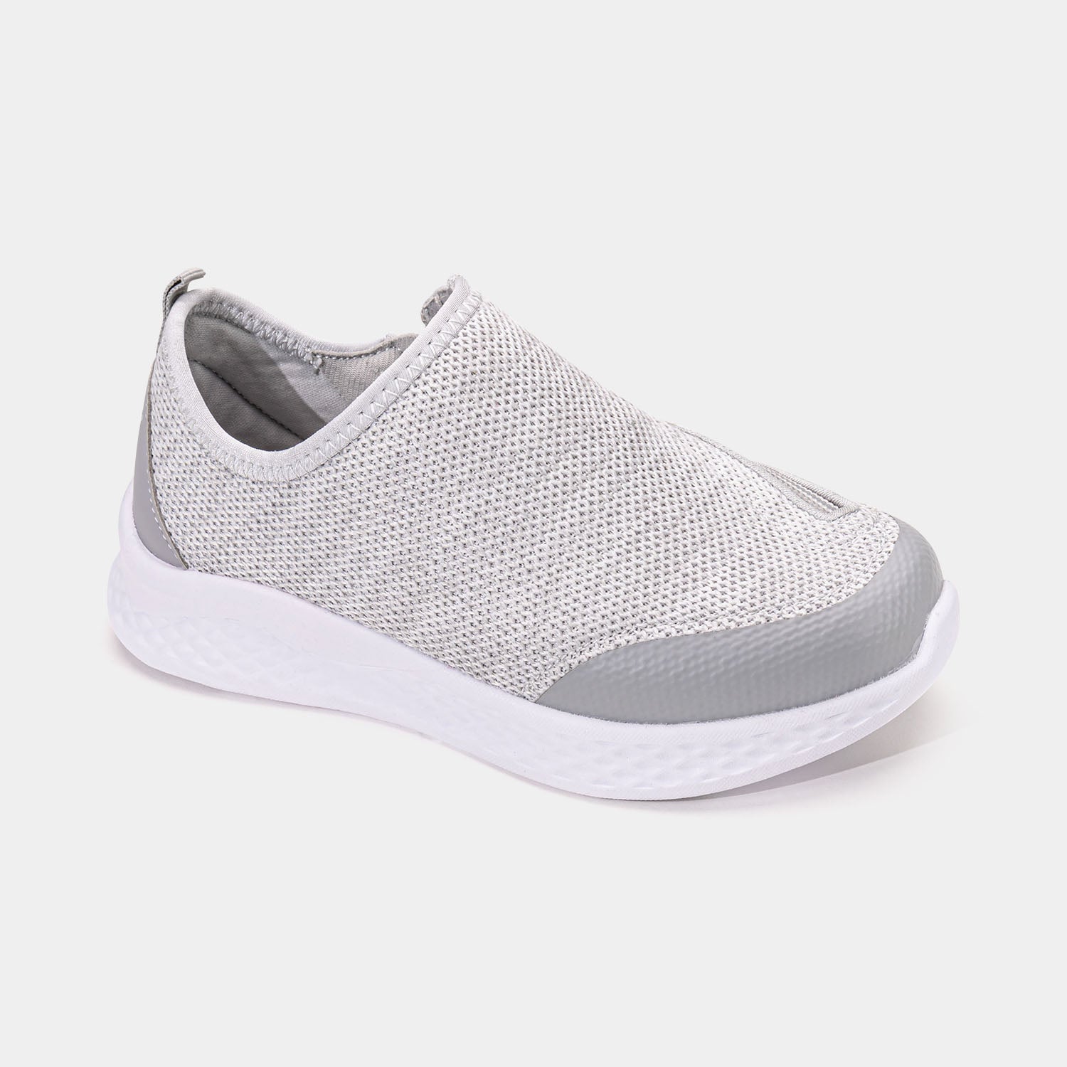Grey kids shoe with white bottom, dark grey accents, and side zipper access.