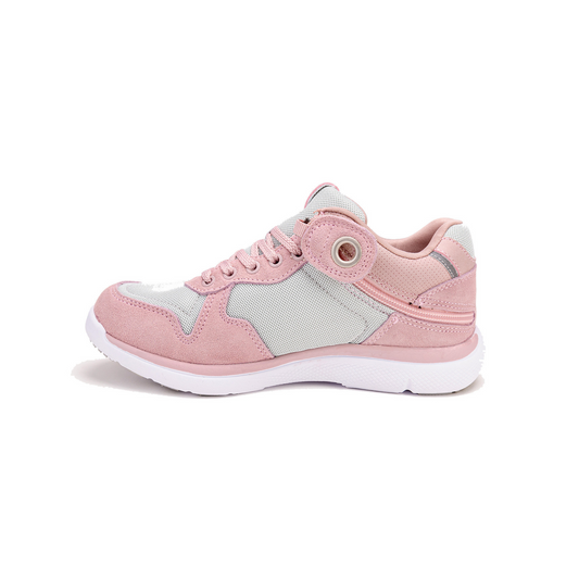 Light pink womens shoe with white bottom, light grey accents, and rear zipper access.