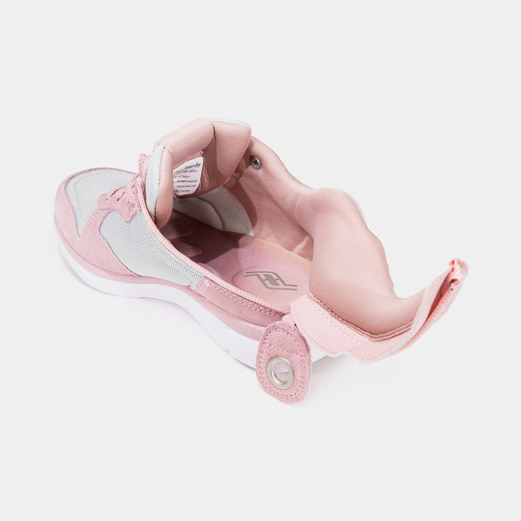 Light pink womens shoe with unzipped rear zipper access and light pink interior.