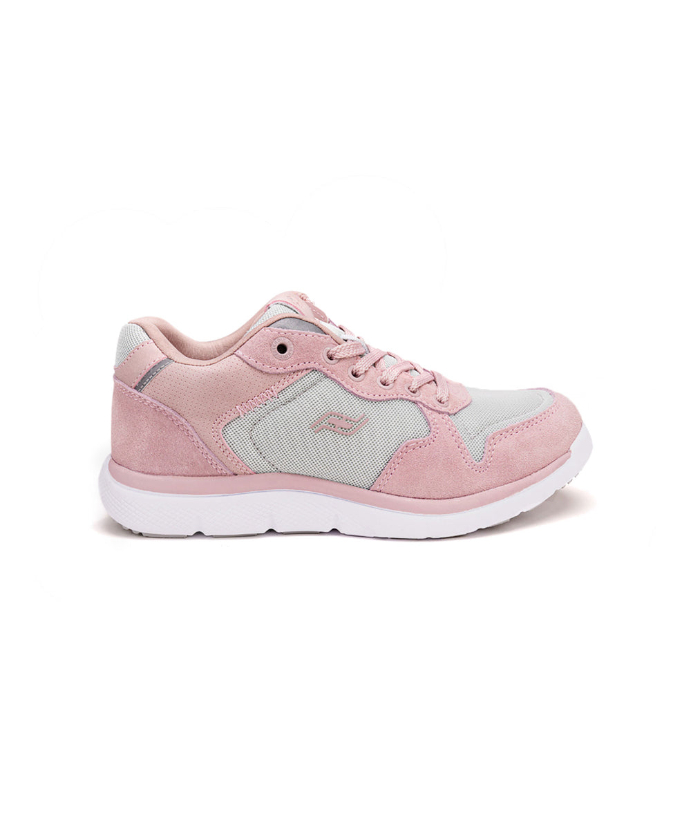 Light pink womens shoe with white bottom, light grey accents, and rear zipper access.