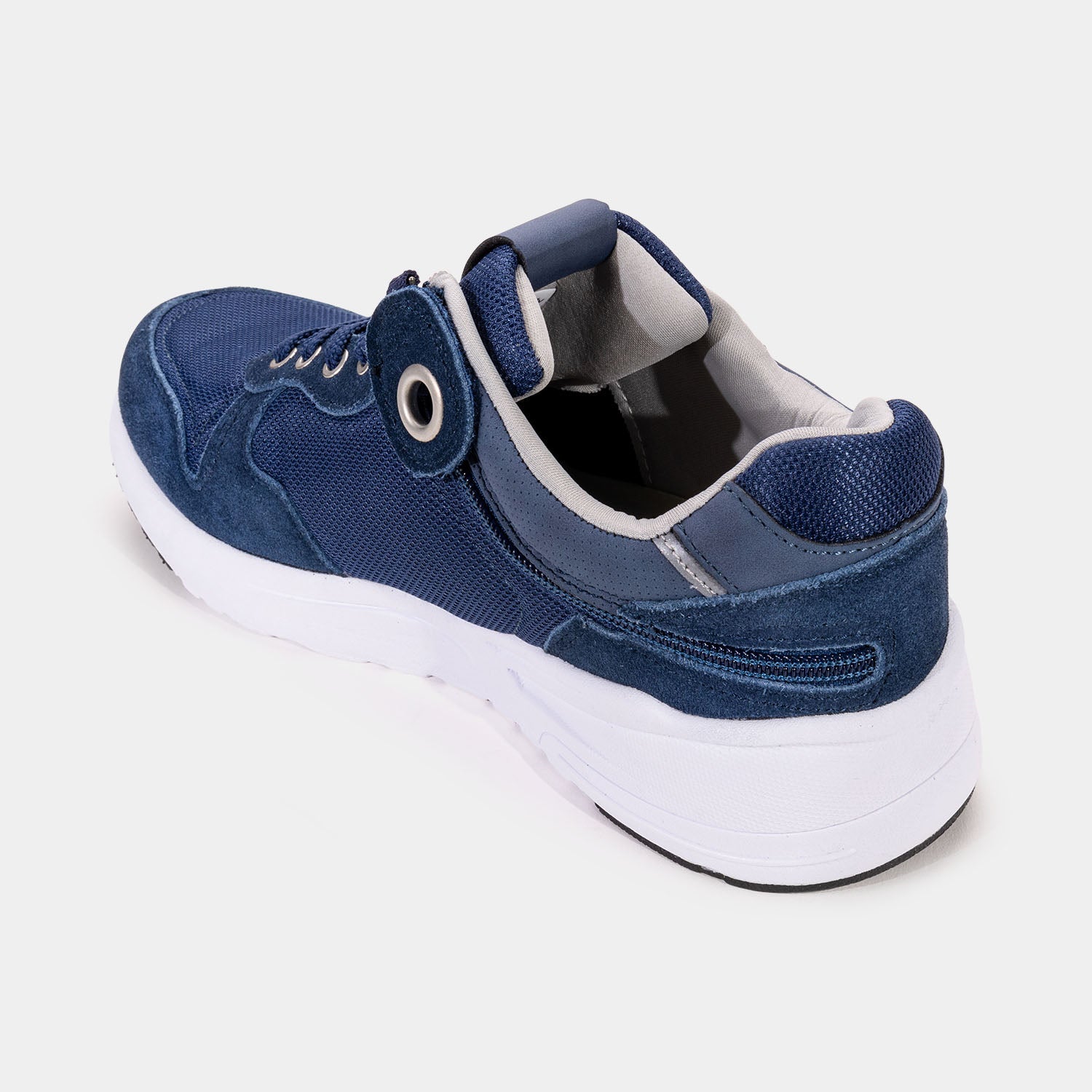 Navy blue mens shoe with white bottom, light blue accents, and rear zipper access.