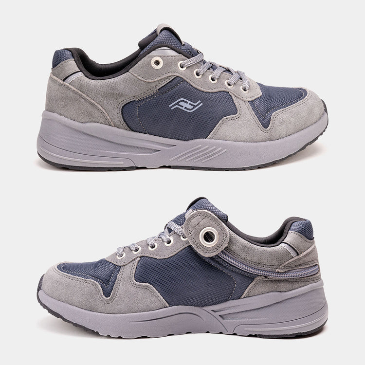  Medium grey mens shoe with light grey bottom, dark grey accents, and rear zipper access.