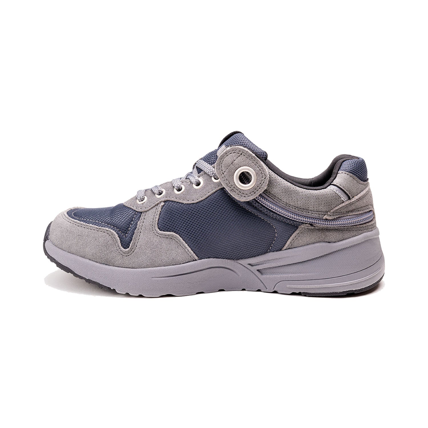 Medium grey mens shoe with light grey bottom, dark grey accents, and rear zipper access.