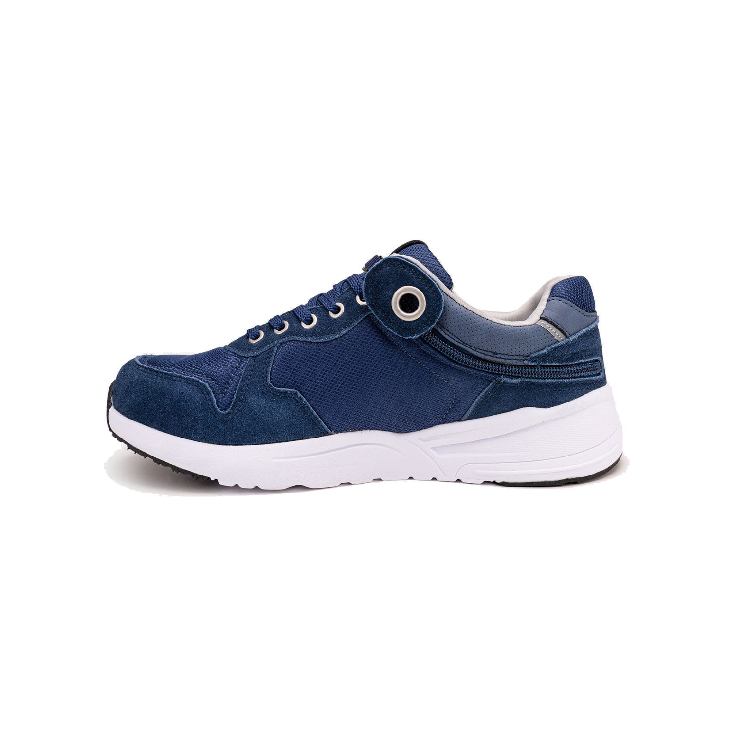 Navy blue mens shoe with white bottom, light blue accents, and rear zipper access.