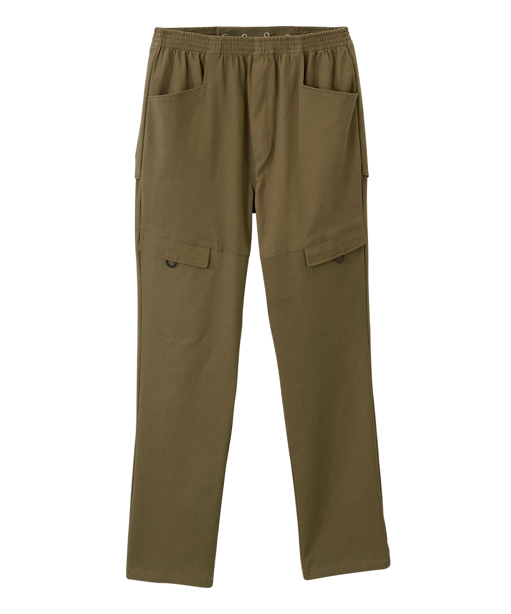 Super soft olive cargo pants with elastic waistband and four pockets at the front