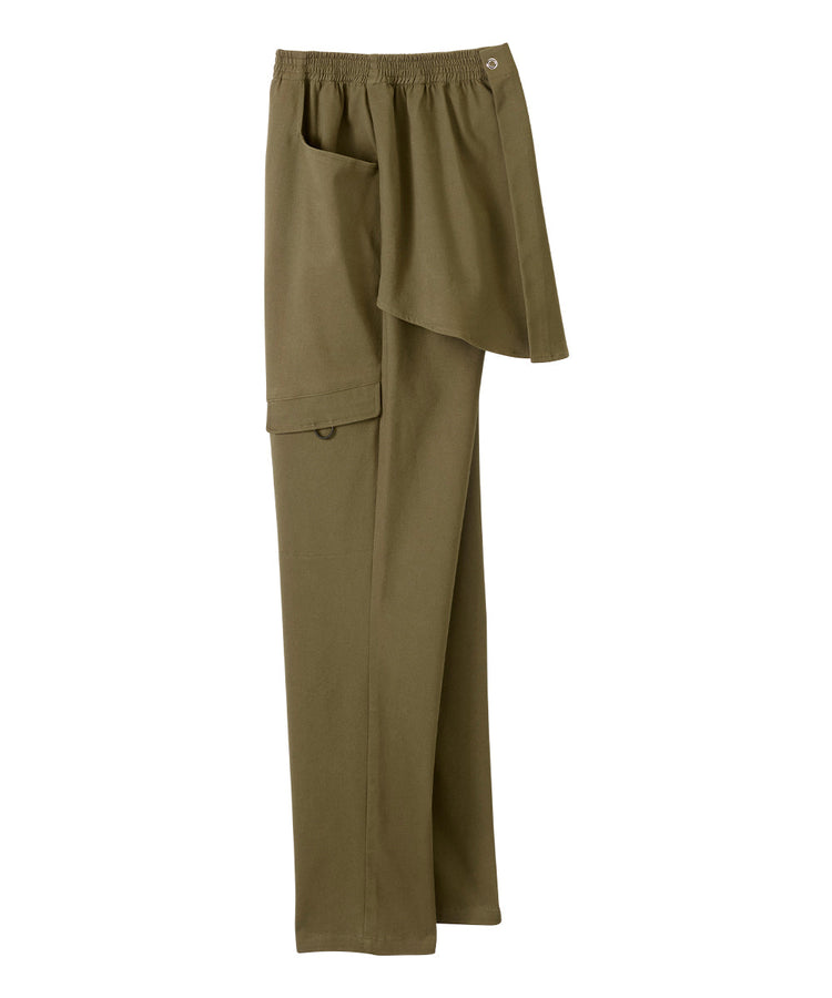 Side of olive pants with two large pockets and two flap pockets on either side