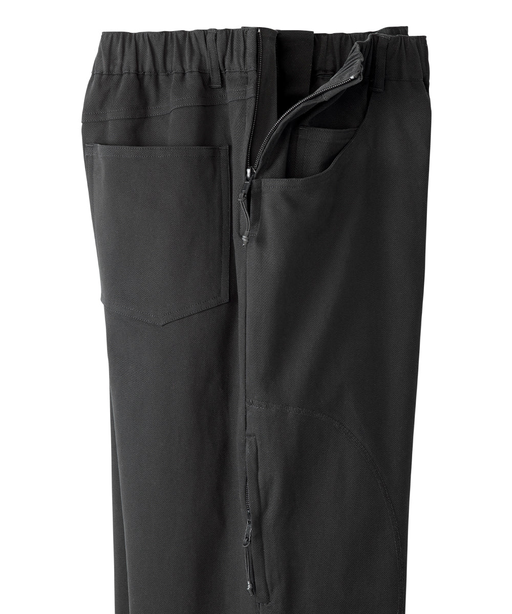 Side view of black pants with pull up loops and zippers on side slightly open