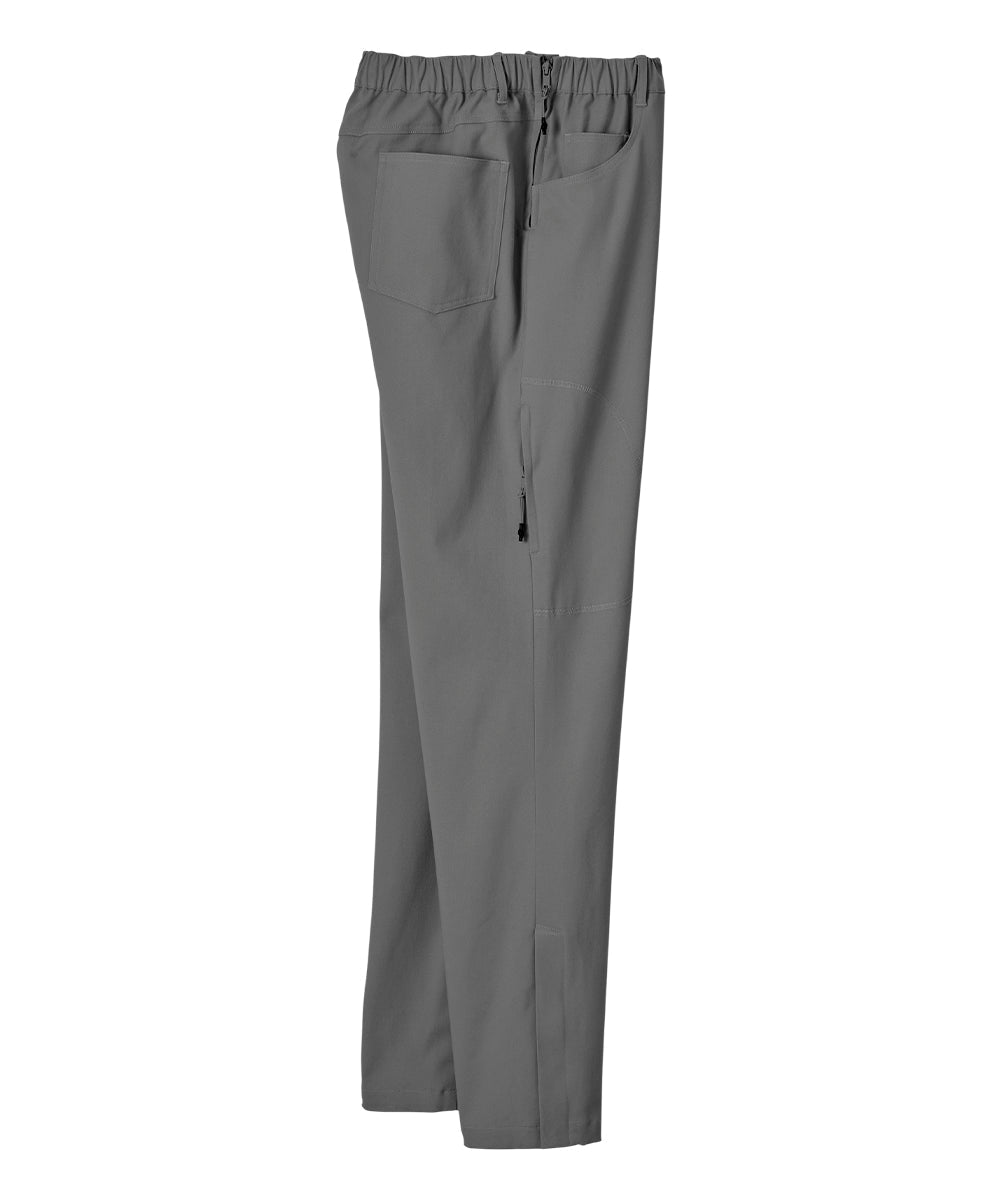 Grey dressing pants with pull up loops and easy zippers on either side