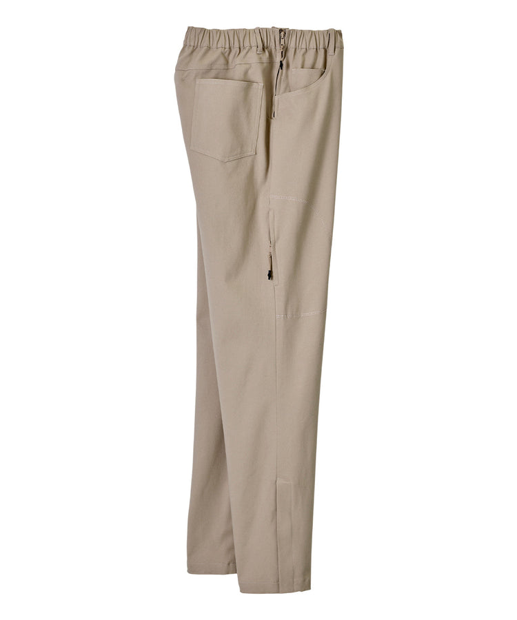 Khaki dressing pants with pull up loops and easy zippers on either side.