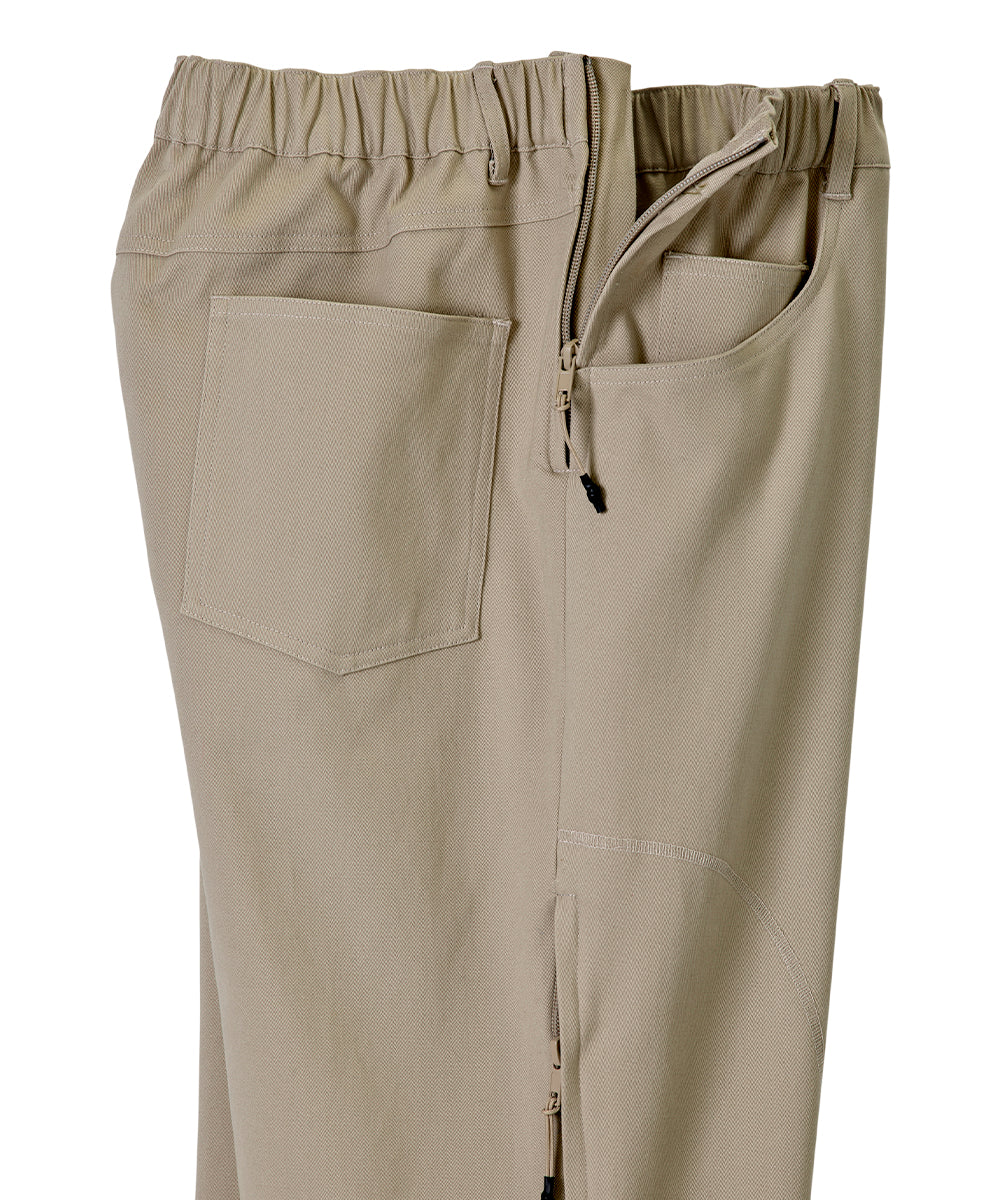 Side view of khaki pants with pull up loops and zippers on side slightly open