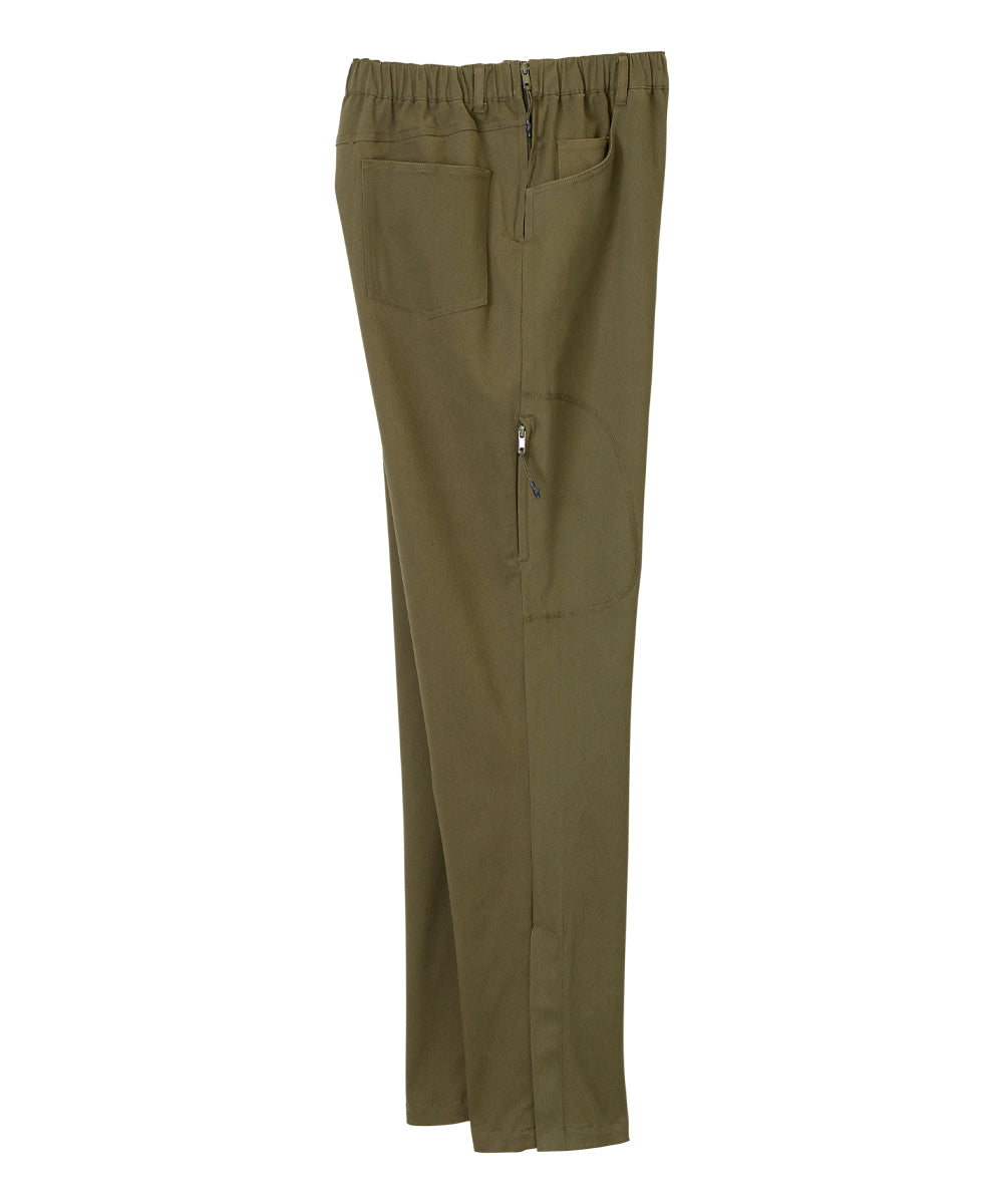 Olive dressing pants with pull up loops and easy zippers on either side