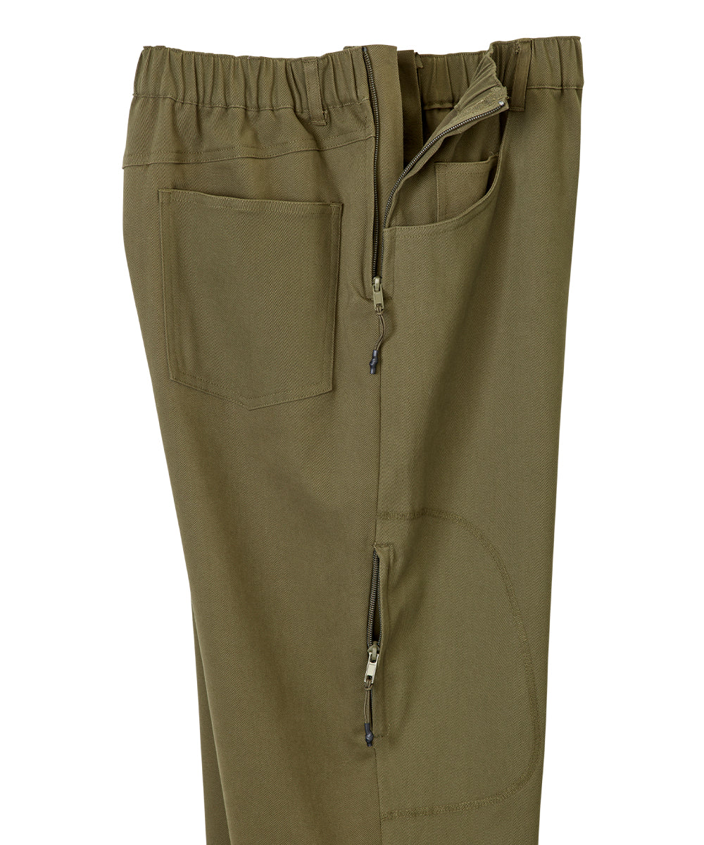 Side view of olive pants with pull up loops and zippers on side slightly open