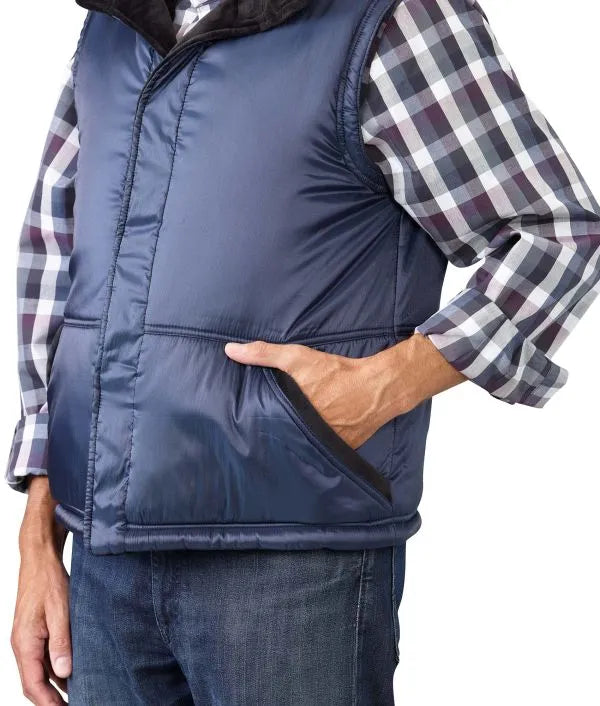 Side pocket of the navy Men's Reversible Front Vest with Magnetic Closure