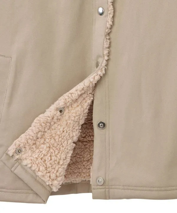 Bottom of Khaki mens sherpa shacket with magnetic snaps