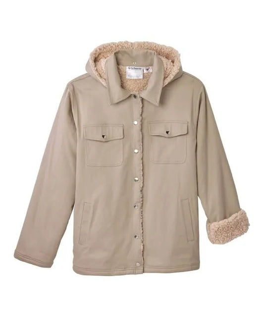 Khaki mens sherpa shacket with magnetic snaps front