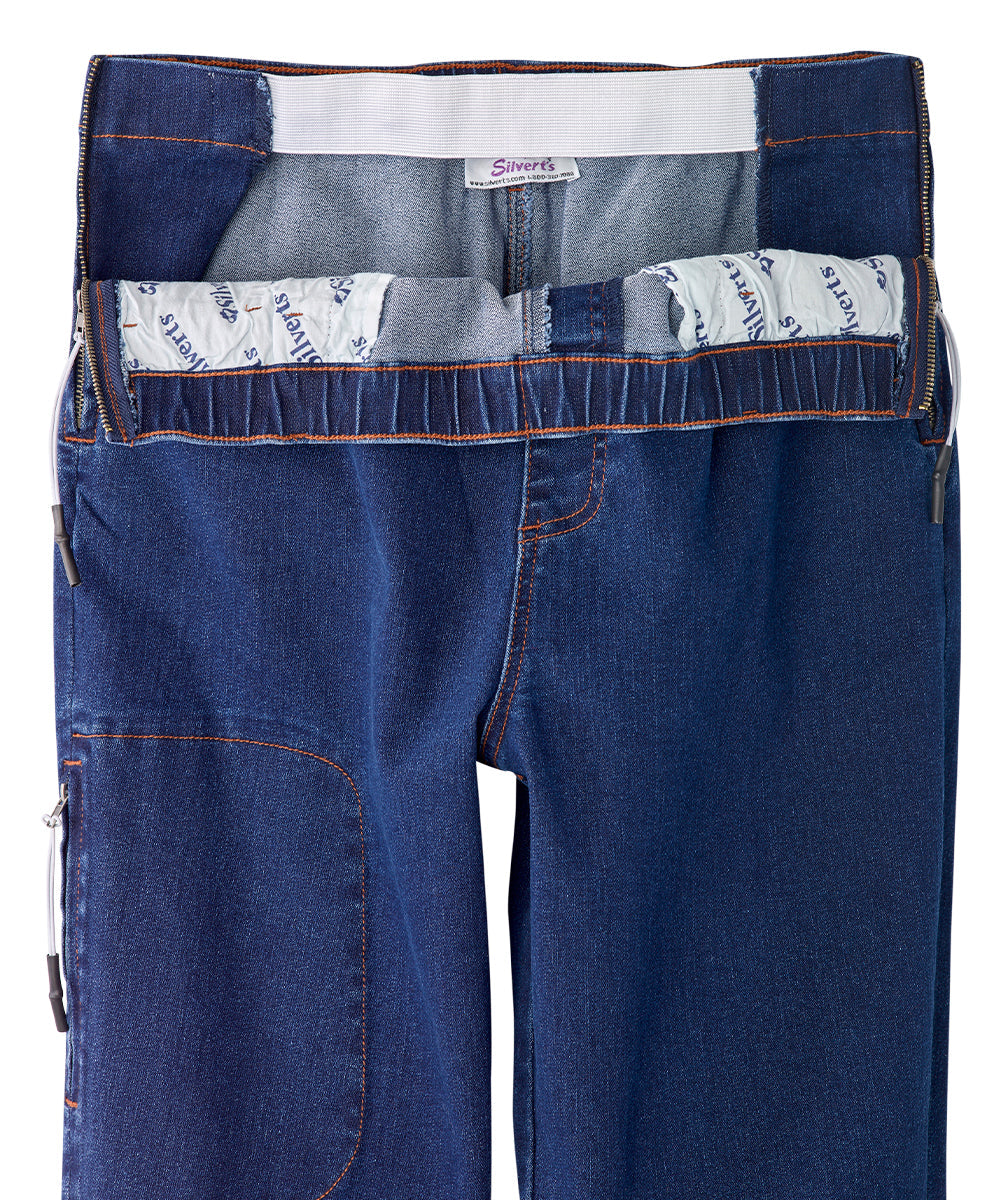Jeans feature short zippers along either side of waist to easily slip on