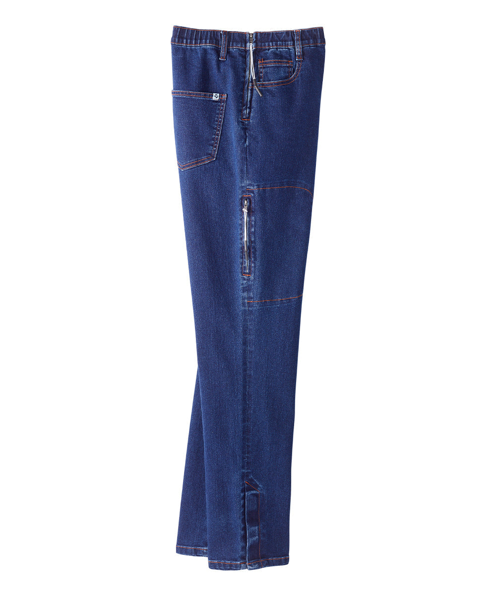 Stretchy blue baggy denim jeans feature discrete internal pull-up loops on each side