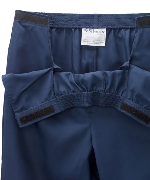 Navy Men's Easy Dressing Pants with Elastic Waist closure opened